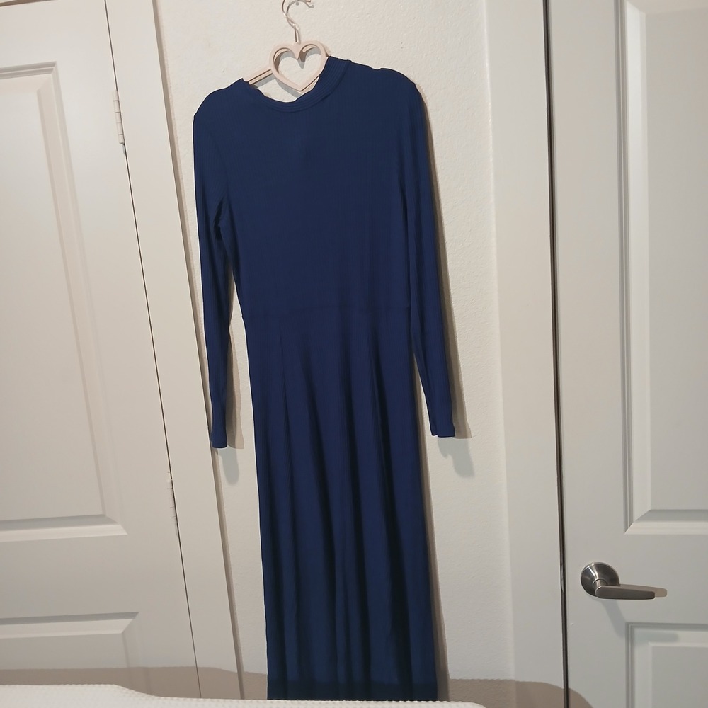 ASOS Navy Blue Ribbed Open Back Tie Maxi Dress Mock Neck Long Sleeve US 6